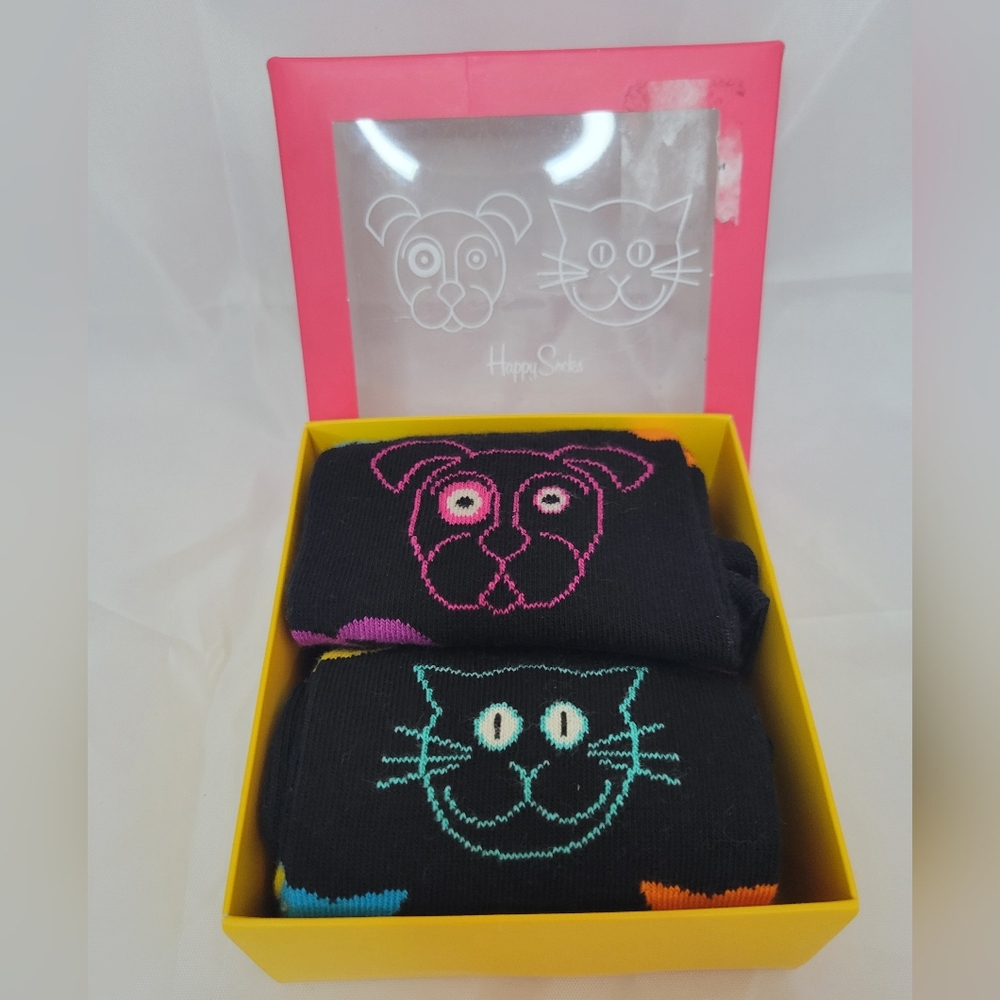 New Happy Socks 2 Pack Box Set Black w/Colorful Dogs Cats Sz M 8-12